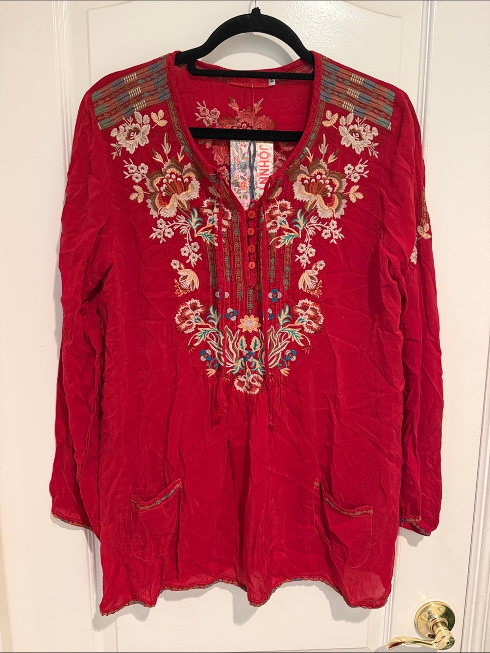 Johnny Was Red Embroidered V-Neck Tunic with Multicolor Floral Detail